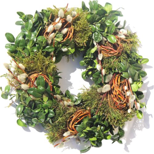 Veniec z živého buxusu -  MIX bahniatka 25 cm, 5 ks