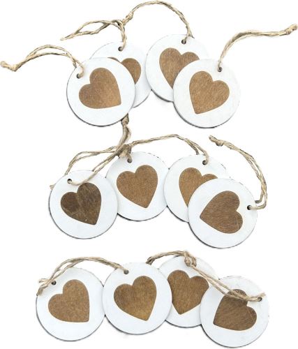 Dřevěná dekorace - srdce - 5 cm, 12 ks, hnědobílá