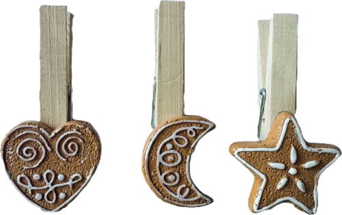 Vánoční dekorace - kolíček, 7 cm, 3 ks - srdce, měsíc, hvězda
