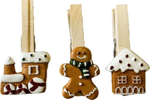 Vánoční dekorace - kolíček, 7 cm, 3 ks - vláček, perníček, domek